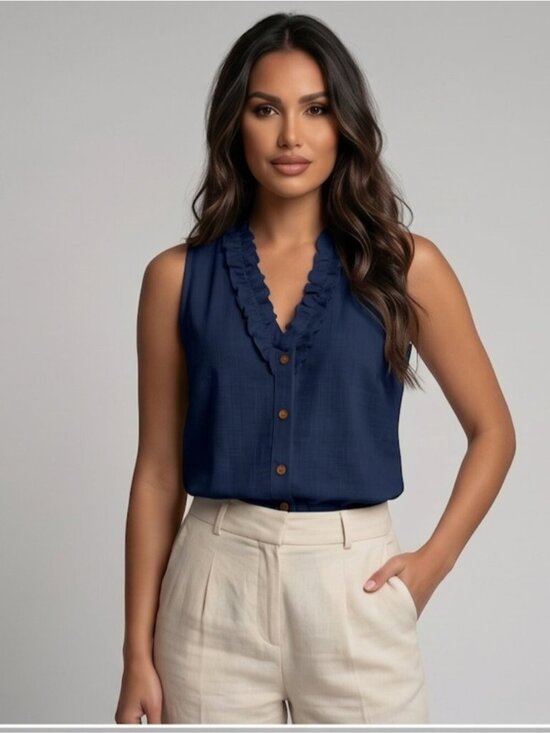 By Design Tops - Navy Blue Ruffle V-Neck Sleeveless Cotton Blouse Button-Down Top